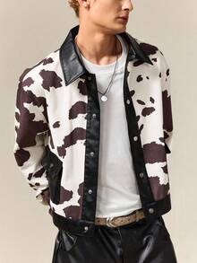 ROMWE MEN Street Life Men Boxy Loose Cow Print Short Jacket, Fall - Brown - View 4