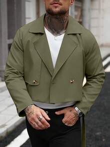 Manfinity Homme 男士纽扣前襟长袖口袋简约休闲风衣，适合送给朋友、丈夫、男友，橄榄绿，秋季款 - 軍綠色 - 查看 6