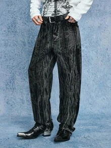 ROMWE MEN Casual Men's Washed Lightning Graphic Pocket Wide Leg Loose Fit Jeans - Black - View 8