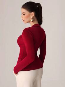 NOVVYNE 金属扣V领褶皱长袖优雅修身T恤 - 酒紅色 - 查看 5