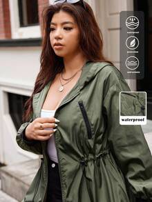 Vionelle Áo khoác dài qua đầu gối có mũ trùm đầu cỡ lớn, thắt eo, màu xanh ô liu, áo khoác nữ cỡ lớn, áo khoác nữ màu xanh lá cây, áo khoác mưa có mũ trùm đầu cho nữ, áo khoác nữ thời trang đường phố - xanh quân đội - Xem 6