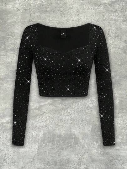 Y2Kool BiGraphic Black Rhinestone Embellished Y2K Streetwear Cropped Long Sleeve Top, Suitable For Autumn/Winter Parties, Gatherings And Daily Wear Glittery Crop Top Bling Crop Top Black Rave Crop Top Black Sparkly Crop Top Stylish Clothing Collection New Year Outfits Black Rhinestone Top Black Rave Top Glittery Top Black Sparkly Top Bling Top