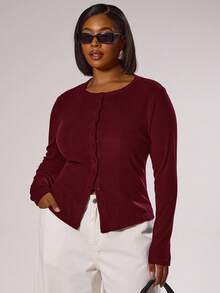 MUSERA 大码修身长袖纽扣上衣，优雅高贵，适合度假、节日、可爱浪漫的90年代Y2K风格春夏复活节 - 酒紅色 - 查看 5