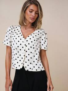 COSMINA 女士休闲/办公室通勤波尔卡圆点印花V领泡泡袖衬衫，夏季 - 彩色 - 查看 3
