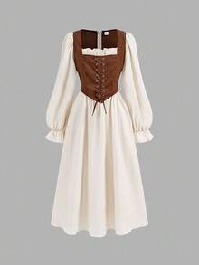 SHEIN Nova Glow Tween 女童撞色腰部褶皱胸围可调节肩带前褶长袖方领中长连衣裙，适合居家和户外穿着，适合秋冬，波西米亚风格 - 杏色 - 查看 6