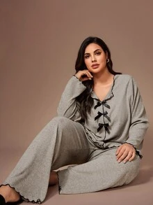 Lazeform Knitted Ribbed Fleece Bow Decor Ruffle Trim Casual Lounge Set,PJSs For Women Curvy Plus Size Loungewear, Cozy Outfit, Fall/Winter Clothes - Khaki - View 1