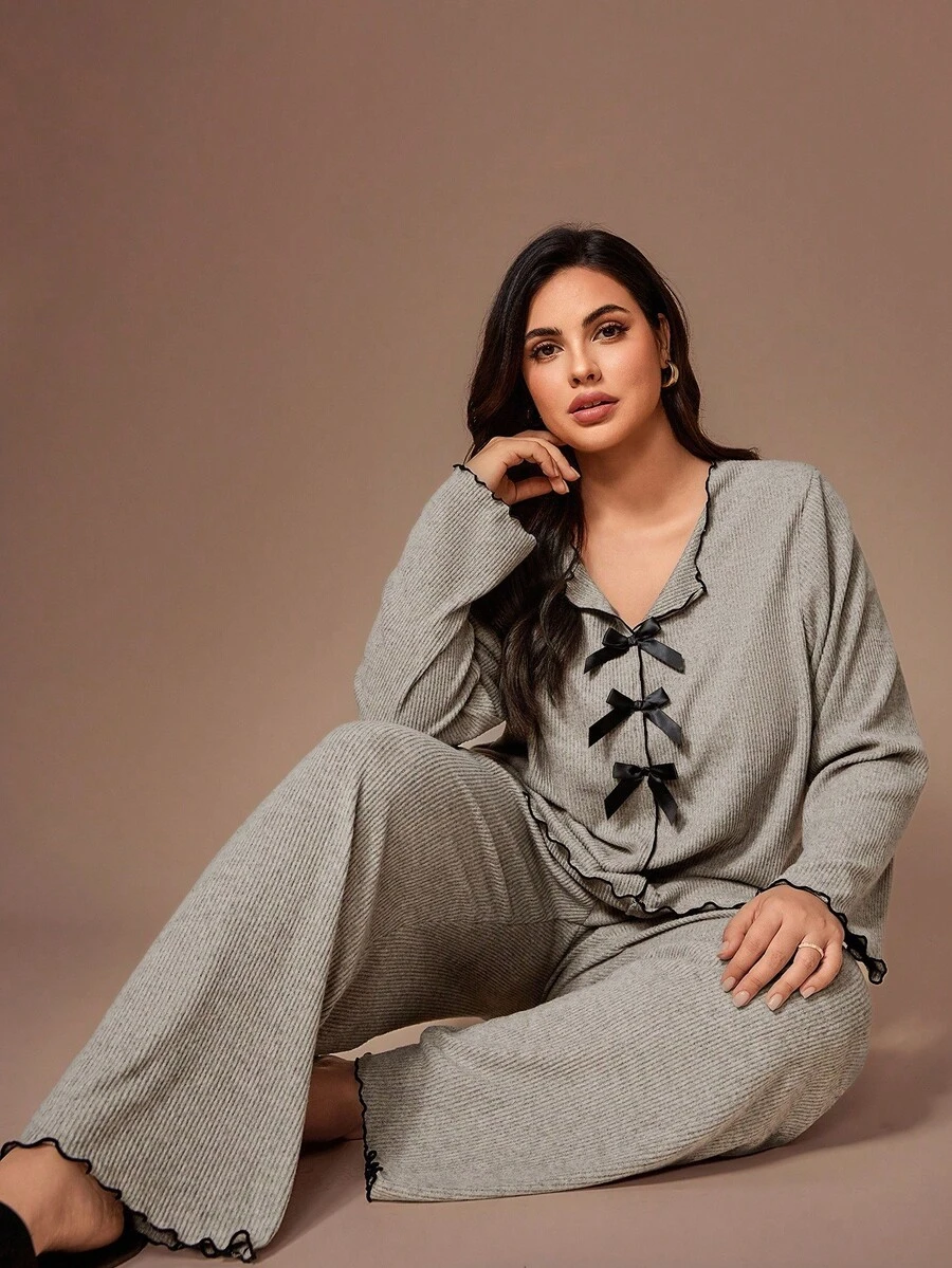 Lazeform Knitted Ribbed Fleece Bow Decor Ruffle Trim Casual Lounge Set,PJSs For Women Curvy Plus Size Loungewear, Cozy Outfit, Fall/Winter Clothes - Khaki - View 1