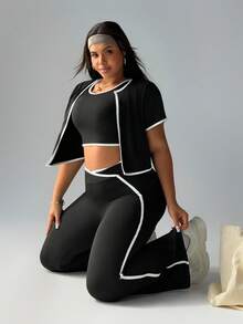 Rhythm Era Conjunto deportivo de talla grande para mujer con cárdigan de manga corta con ribete, top corto y pantalones acampanados