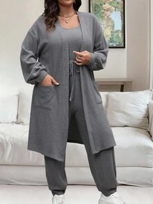 Vionelle 2-Piece Plus Size Casual Solid Color Jacket And Pants Set Fall Cloth For Women - Dark Grey - View 4