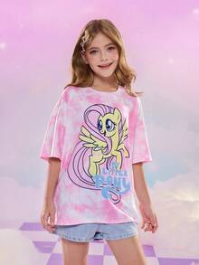 My Little Pony X SHEIN Tween Girl Casual Everyday Commute Cute Cartoon & Letter & Tie-Dye Print Oversized T-Shirt, Summer