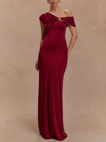 Briarwyn Women's Elegant Burgundy Dress,Summer Dining Party Dress,Asymmetric Neck Metal Buckle Fishtail Fitted Evening Gown,Off The Shoulder Fall Dresses - Coffee Brown - View 7