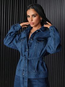 EURMUSE Flap Pocket Button Front Denim Jacket - Medium Wash - View 7