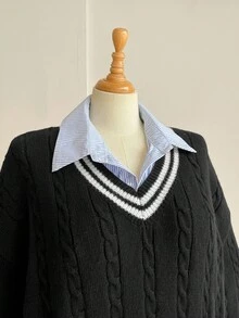 SHEIN LUNE 大码休闲撞色条纹毛衣，秋冬季女士冬季毛衣，适合日常穿着、假日优雅装扮，尽显职场女神风范。 - 黑與白 - 查看 6