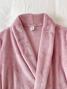 SHEIN 女童毛绒阻燃法兰绒睡袍，休闲简约长袖浴袍家居服，秋冬 - 粉色 - 查看 6