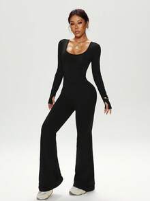 Dewbera Women's Autumn/Winter Jumpsuit, Black Tight-Fitting U-Neck Long Sleeve, Cross Back Strap, Fitted Front Panel, Flared Leg Hem, Suitable For Casual, Running, Yoga, Gym, Tennis And Other Activities Halloween Winter Glowmode Sexy Chillnights - Black - View 5