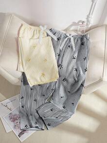 SHEIN 2pcs Women Pink & Blue Striped Heart & Bow Decor Pants Set, Fall Clothes Lemon Pajama Set, Winter - Multicolor - View 3