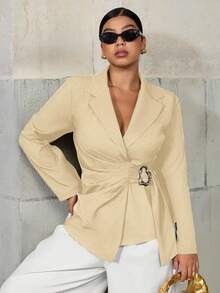 SHEIN Elenzya Fashionable Casual Waist-Cinched Elegant Commuter Asymmetric Golden Button Blazer - Apricot - View 3