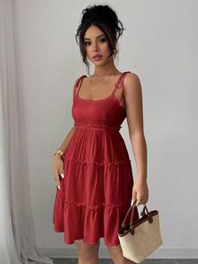 Elenzga 瑞士圆点荷叶边吊带连衣裙 女式度假海滩装 - 櫻桃紅 - 查看 6