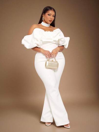 SHEIN SXY 大码女式春夏优雅性感日常基本款 3D 荷叶边露肩紧身喇叭裤连体裤