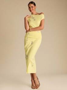 Enchnt Women's Yellow Sparkle Floral Rhinestone Knitted Pencil Long Knit Skirt,Elegant Party Chic Autumn Fall/Winter Fashionable For Vacation&Date&Wedding - Yellow - View 7
