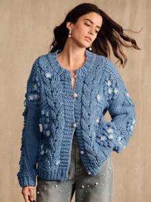 Anewsta 秋冬新款手工纹理钩针针织开衫女款 - 藍色 - 查看 7