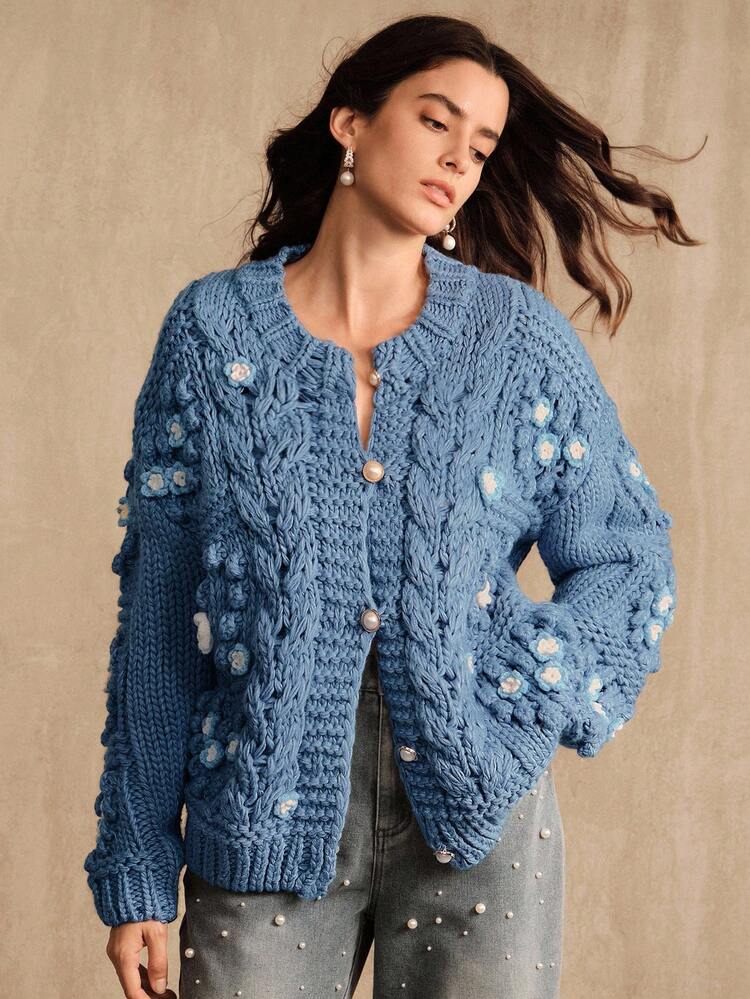 Novo Cardigã de Tricô e Crochê Texturizado de Outono/Inverno para Mulheres