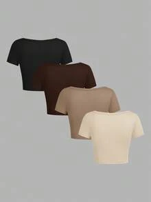 SHEIN EZwear Bộ 4 áo thun nữ cổ tròn, vuông, tay ngắn, họa tiết tối giản, phù hợp cho mùa hè - Nhiều màu - Xem 2