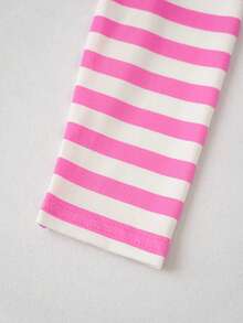 DORA | SHEIN Young Girl Cartoon Monkey, Flower, Striped Pattern Round Neck Long Sleeve Knit Pink & White T-Shirt - Multicolor - View 4