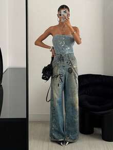 StreetHx 链条印花前开牛仔连体裤，街头风格 - 中等水洗藍 - 查看 1