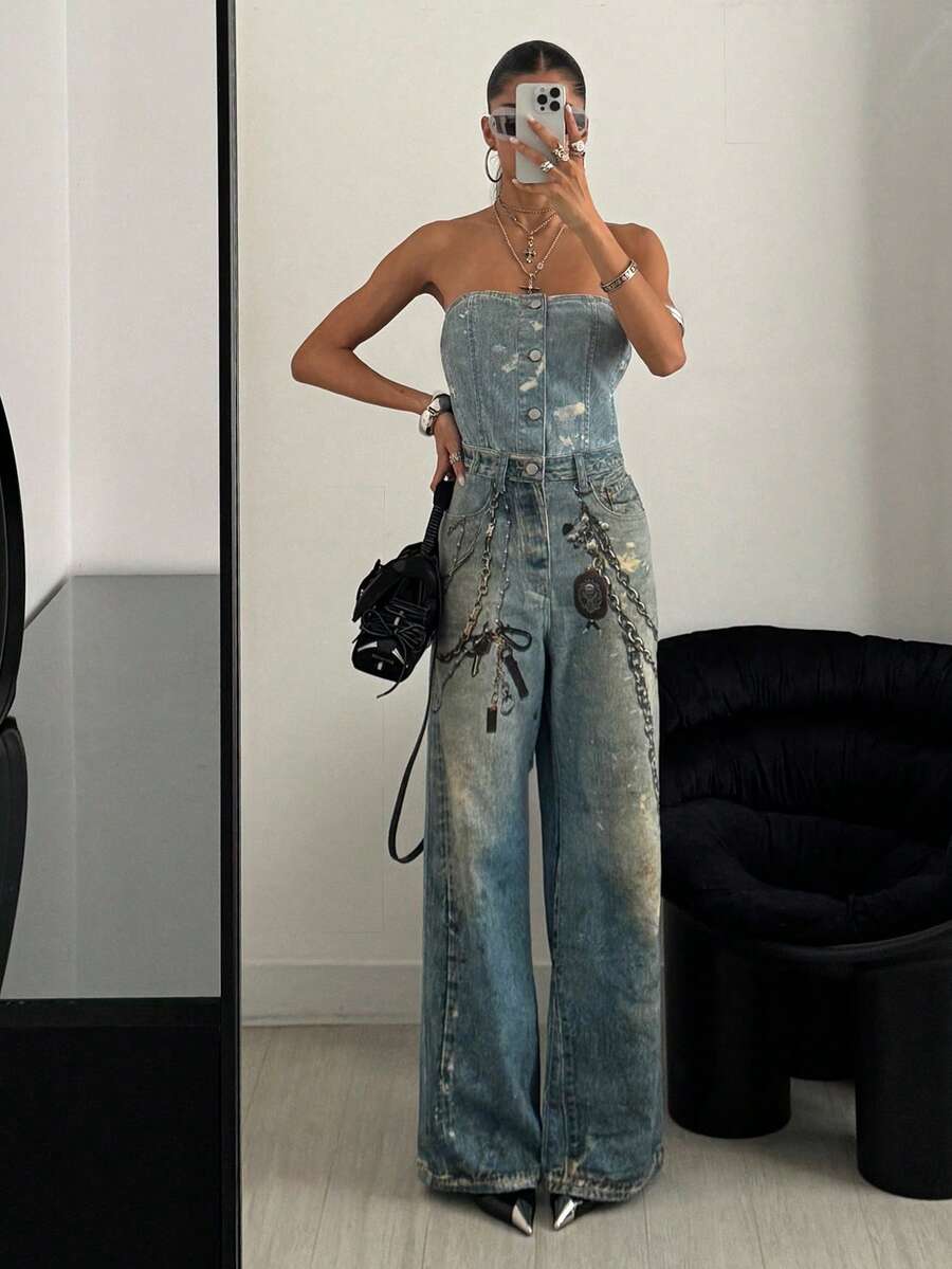 StreetHx 链条印花前开牛仔连体裤，街头风格 - 中等水洗藍 - 查看 1