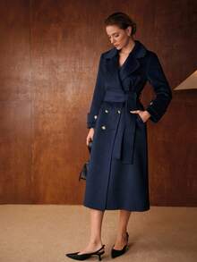 MOTF PREMIUM 羊毛双排扣束带大衣 - 藍色 - 查看 5