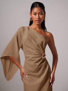 COSMINA Women's Elegant Metallic Buckle Asymmetric Dress - Camel - View 8