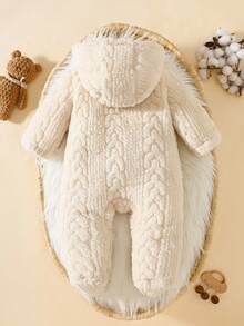 新生婴儿可爱熊图案连帽连体衣 - 卡其色 - 查看 2