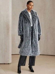 Aveloria Modichic Abrigo largo elegante de piel sintética de dos tonos con cuello vuelto y degradado ombre, chaqueta de piel sintética de zorro suave y de alta gama - Gris Oscuro - Ver 5