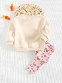 Cozy Pixies 2件套女婴卡通兔子图案针织柔软圆领落肩卫衣和裤子套装 - 杏色 - 查看 2