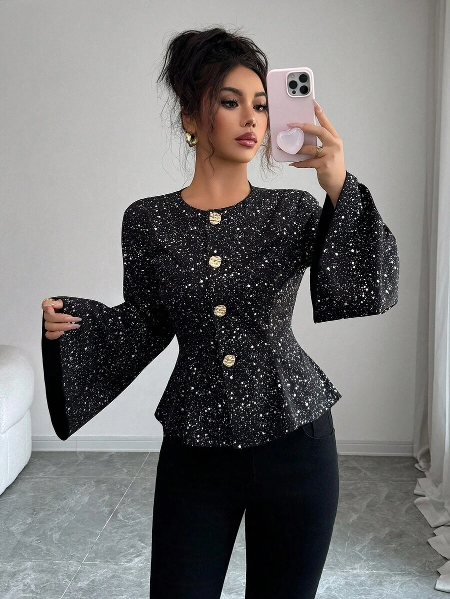 Elenzga Women's Round Neck Cinched Waist Ruffle Hem Shiny Silver Lightweight Jacket