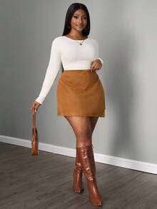 SHEIN PETITE CURVE 大码女式不对称下摆休闲时尚半身裙 - 棕色 - 查看 5