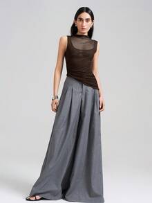 Ontre Women's Asymmetric Asymmetrical Hem Oblique Collar Sleeveless T-Shirt, Urban Commute Business Casual Wear, Office Outfit, Teacher Outfit, Basic Top, Outerwear, Brown