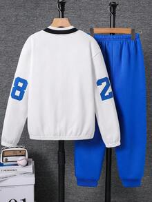 SHEIN 青少年男孩休闲运动棒球夹克套装，宽松摩托车图案运动服，适合通勤、上学、日常休闲、运动、秋冬 - 藍色 - 查看 4