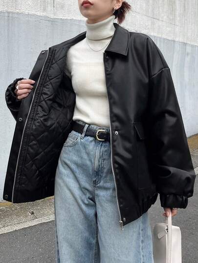 FRIFUL Women's Black Solid Color PU Fabric Quilted Lining Turndown Collar Dropped Shoulder Long Sleeve Loose Casual Versatile Padded Coat, Autumn/Winter Jacket