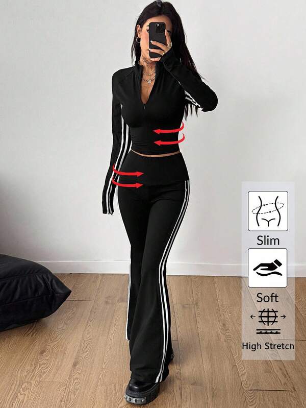 Coolane Conjunto de ropa de mujer para otoño/invierno, apto para usar en conciertos, raves, festivales, salidas nocturnas, ferias del Renacimiento, clubes y estilo Y2K. Incluye un abrigo de manga larga elástico y pantalones acampanados que absorben la humedad, un conjunto de dos piezas.