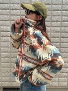 FRIFUL 女士立领撞色抽绳落肩长袖羊羔绒下摆收腰宽松休闲百搭卫衣，秋季保暖内衬，冬季