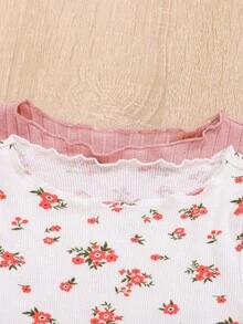 女宝宝休闲针织花卉印花长袖上衣和裤子 4 件套 - 藕粉色 - 查看 4