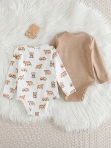 Cozy Pixies 2件套新生女宝宝卡通熊图案针织柔软圆领长袖连体衣套装