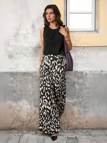 SHEIN Tall 2件套女士优雅度假舒适宽松纯色吊带背心和豹纹阔腿裤套装夏季女装豹纹雪纺 - 黑色 - 查看 3
