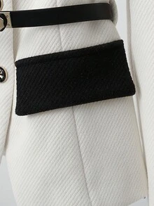 GlowEve 女士秋冬长款人字纹仿皮腰带、金属蝴蝶扣、长袖夹克 - 黑與白 - 查看 6