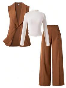 3pcs Casual Sleeveless Blazer Set (Including Long Sleeve Top And Pants) For Teen Girl Suitable For Daily Casual And Commuting Wear - Brown - View 7