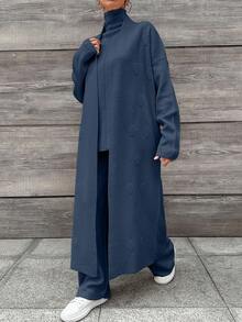 EURMUSE Women's Solid Color Long Sleeve Knitted Cardigan, Turtleneck Sleeveless Knit Top And Knitted Pants Casual Suit, Autumn - Dusty Blue - View 3