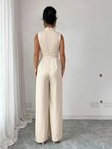 Elenzga Women's Elegant Green Mandarin Collar Ruched Sleeveless Jumpsuit, Fitted Waist, Spring/Summer - Apricot - View 2