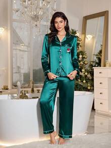 SHEIN 2 Stück Weihnachts-Element bestickter Kragen Langarm Pyjama Set mit Taschen, Faux-Seide, Herbst-Winter Kleidung